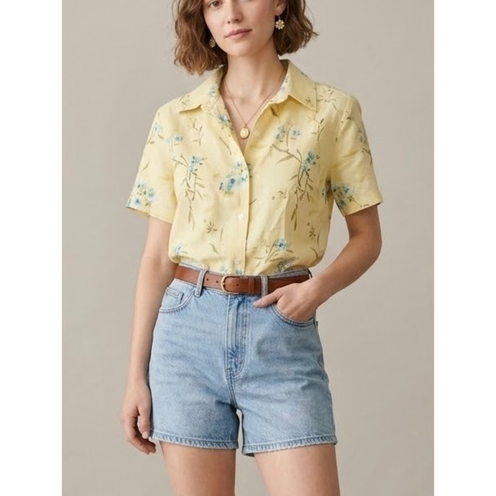 Vintage 90s Erika Linen Button Up Shirt S Yellow Floral Paisley Short Sleeve Top